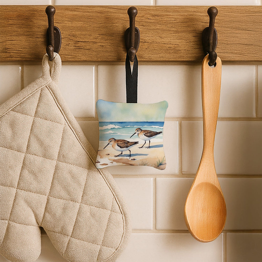 Sandpipers on Beach Shoreline Watercolor Hanging Square Fabric Ornament 3.5 × 3.5 Decorative Door-Knob & Tree Hanger, Soft Fabric