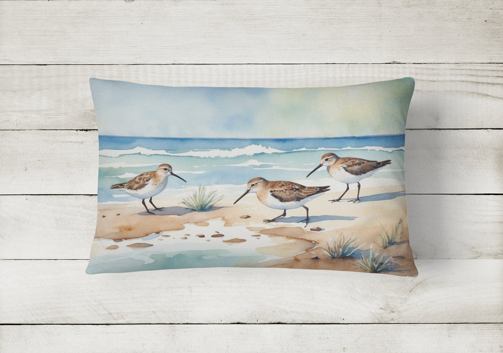 Sandpipers on Beach Shoreline Watercolor Decorative Throw Pillow 12x16 Indoor Outdoor Accent Cushion, Fabric Cover with Insert for Sofa, Bed, Porch & Living Room
