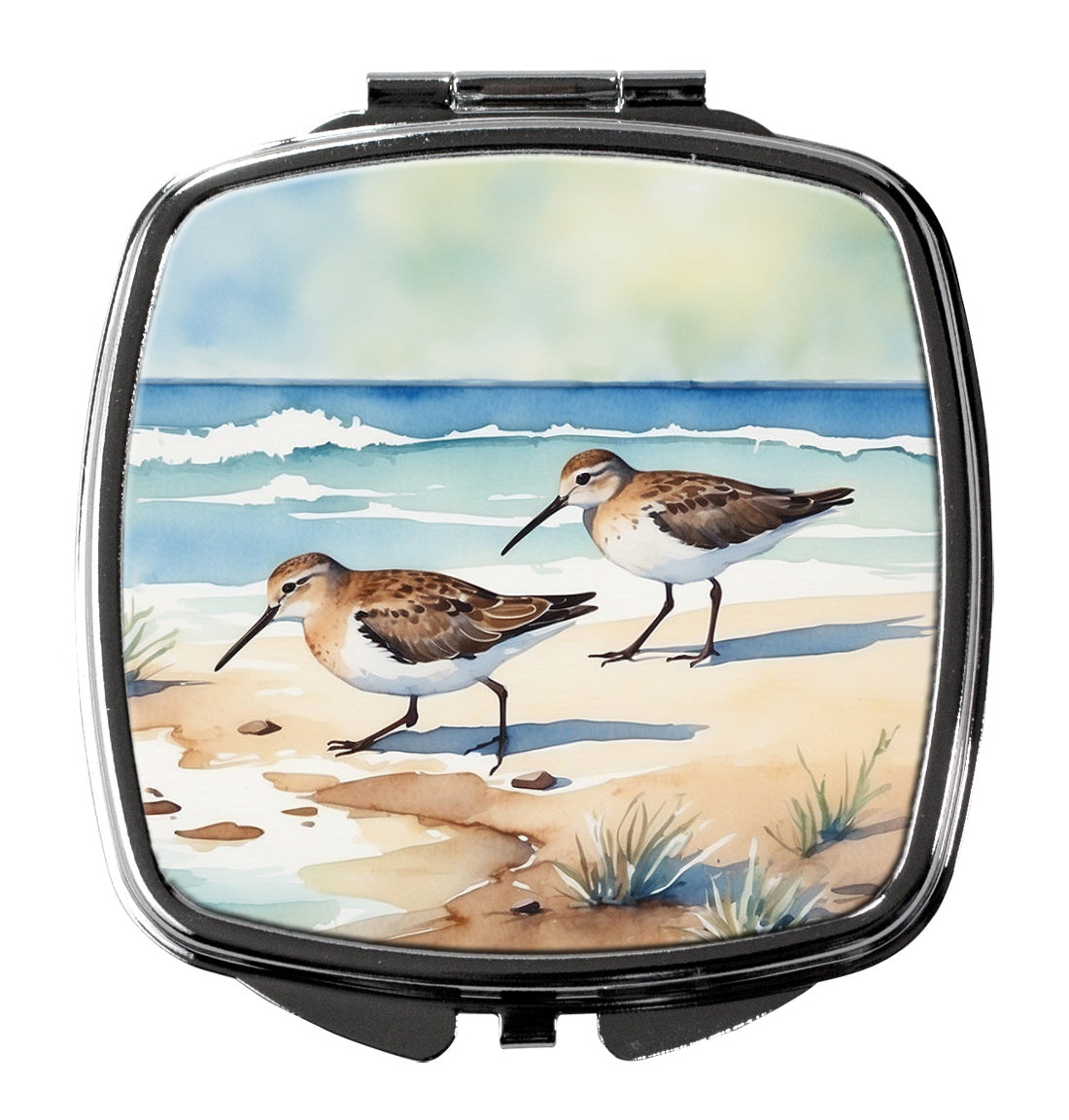 Sandpipers on Beach Shoreline Watercolor Compact Mirror Decorative Travel Makeup Mirror for Women Girls Gifts Pocket Makeup Mirror Folding Handheld