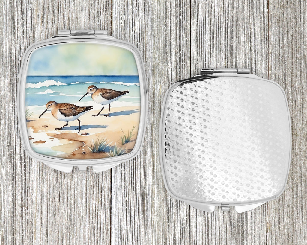 Sandpipers on Beach Shoreline Watercolor Compact Mirror Decorative Travel Makeup Mirror for Women Girls Gifts Pocket Makeup Mirror Folding Handheld