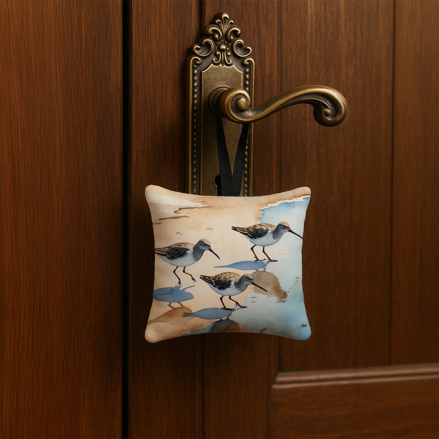 Sandpipers Running Along Shore Watercolor Hanging Square Fabric Ornament 3.5 × 3.5 Decorative Door-Knob & Tree Hanger, Soft Fabric