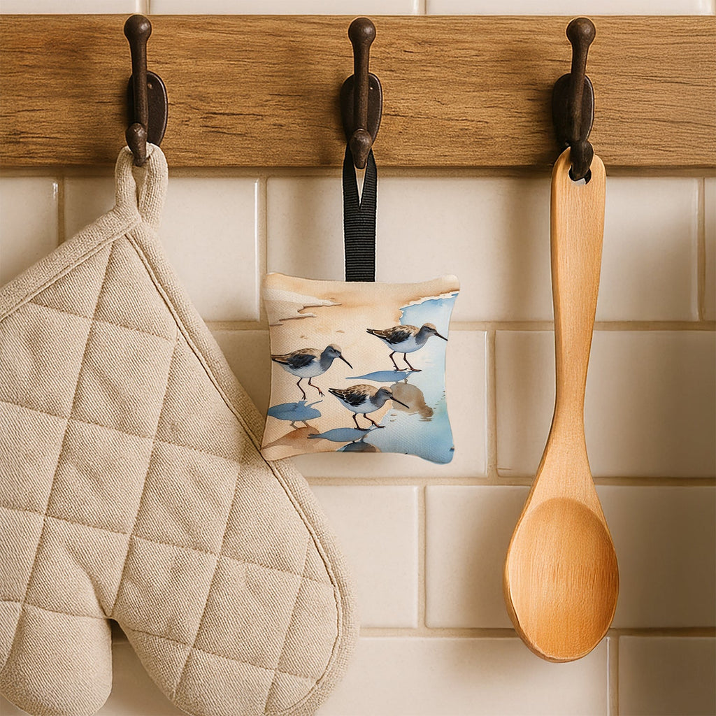 Sandpipers Running Along Shore Watercolor Hanging Square Fabric Ornament 3.5 × 3.5 Decorative Door-Knob & Tree Hanger, Soft Fabric