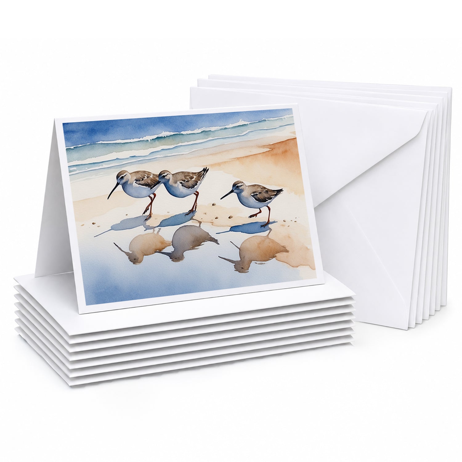 Sandpipers Coastal Reflection Watercolor Greeting Cards Pack of 8 Blank Cards with Envelopes Whimsical A7 Size 5x7