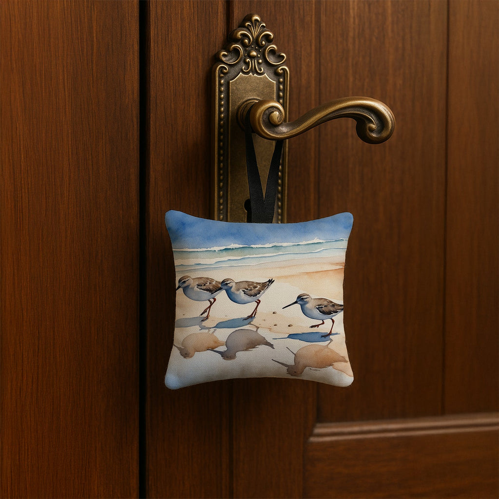 Sandpipers Coastal Reflection Watercolor Hanging Square Fabric Ornament 3.5 × 3.5 Decorative Door-Knob & Tree Hanger, Soft Fabric