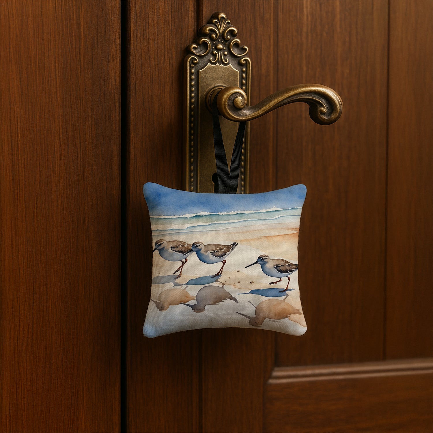 Sandpipers Coastal Reflection Watercolor Hanging Square Fabric Ornament 3.5 × 3.5 Decorative Door-Knob & Tree Hanger, Soft Fabric
