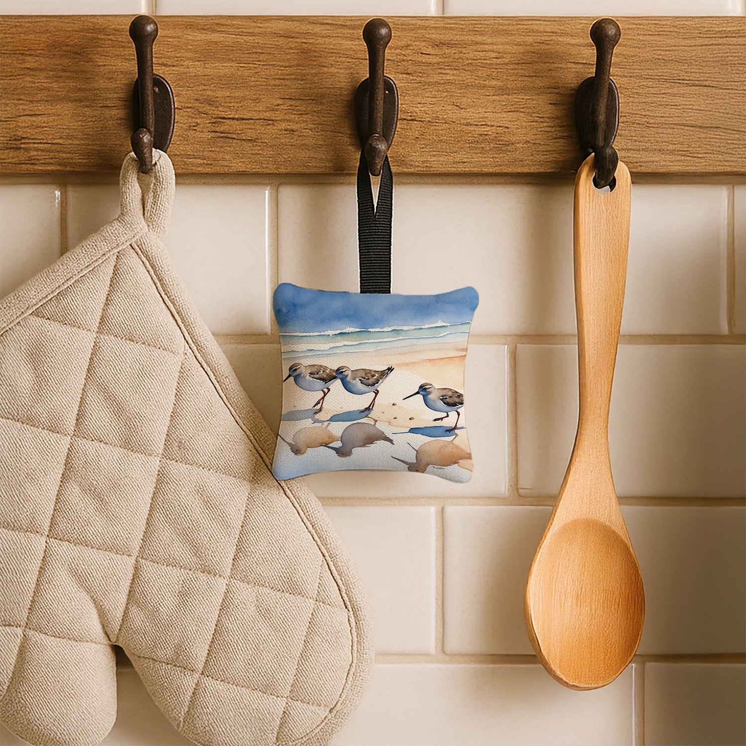 Sandpipers Coastal Reflection Watercolor Hanging Square Fabric Ornament 3.5 × 3.5 Decorative Door-Knob & Tree Hanger, Soft Fabric