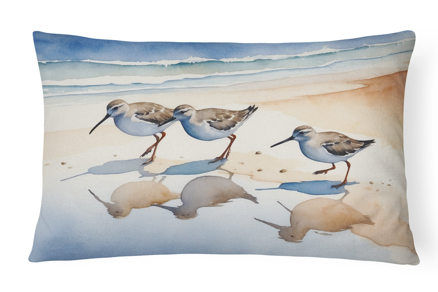 Sandpipers Coastal Reflection Watercolor Decorative Throw Pillow 12x16 Indoor Outdoor Accent Cushion, Fabric Cover with Insert for Sofa, Bed, Porch & Living Room