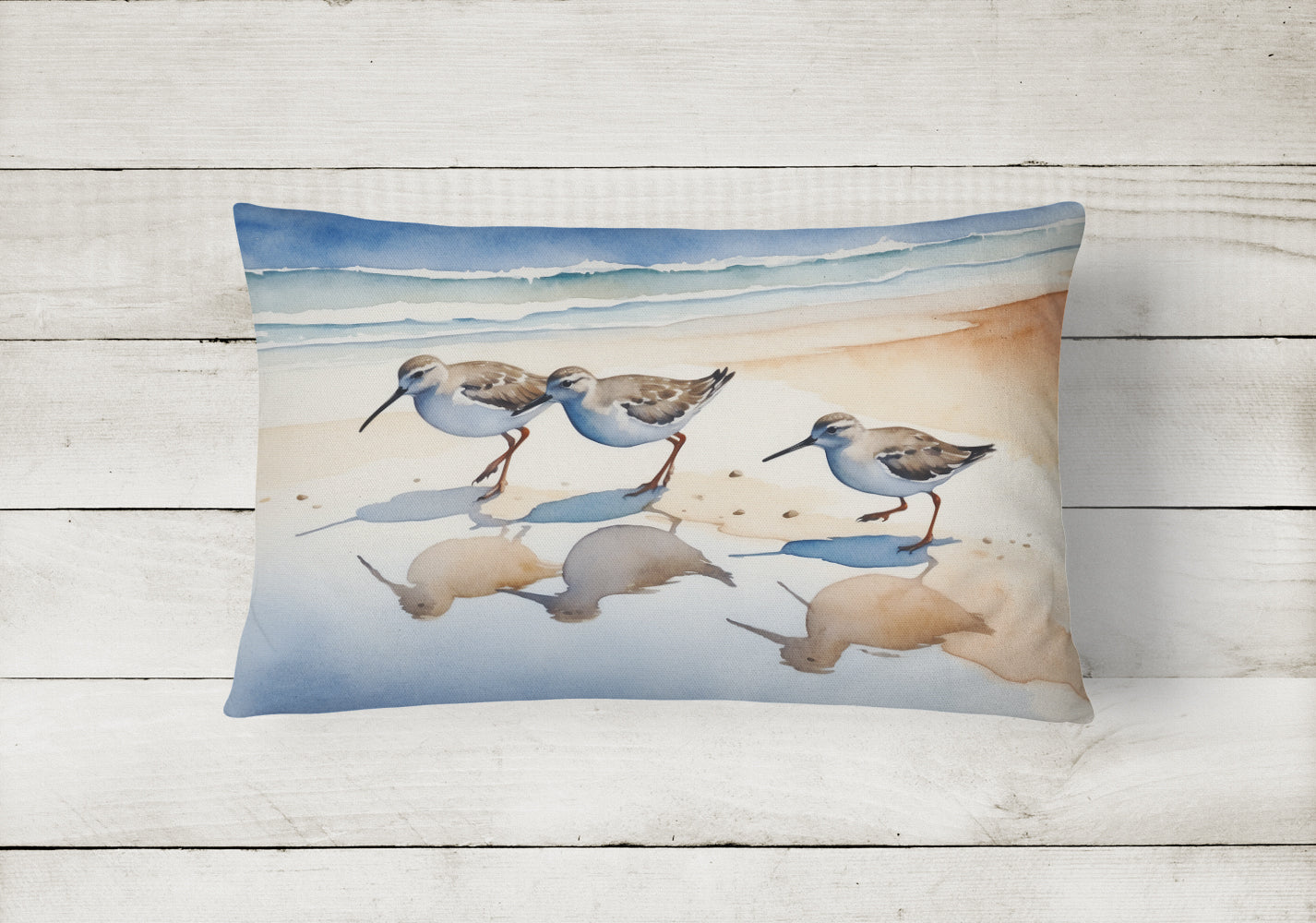 Sandpipers Coastal Reflection Watercolor Decorative Throw Pillow 12x16 Indoor Outdoor Accent Cushion, Fabric Cover with Insert for Sofa, Bed, Porch & Living Room