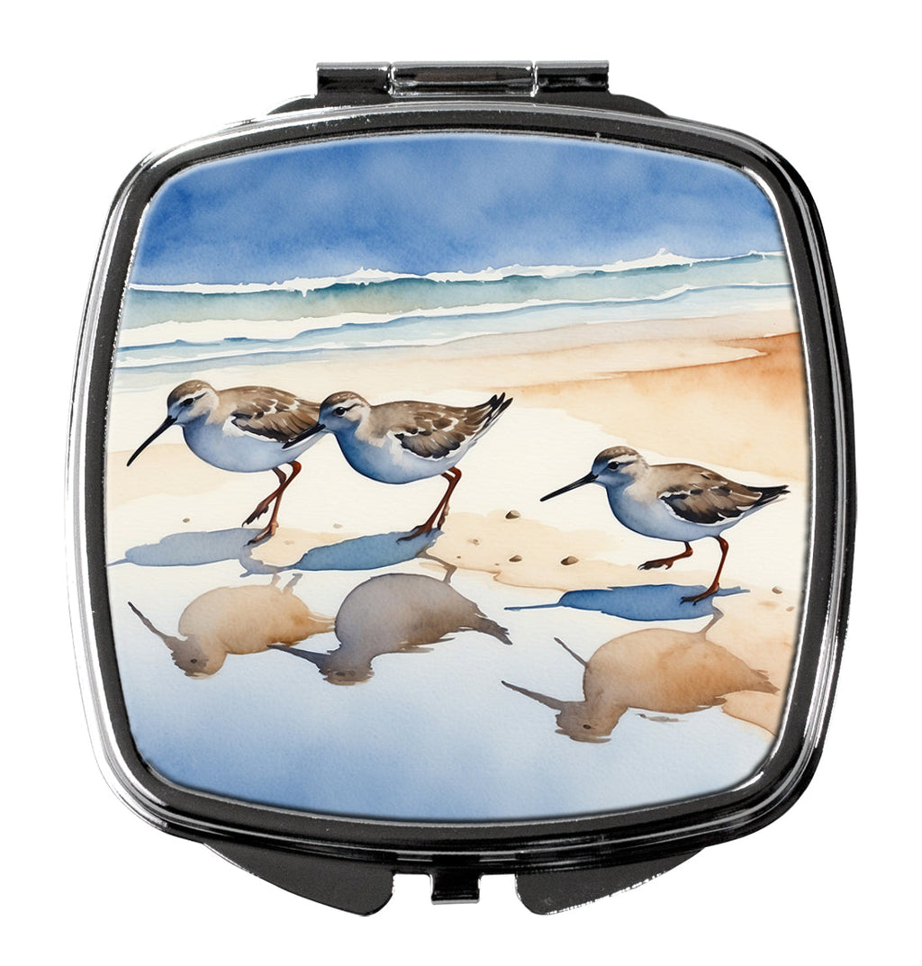 Sandpipers Coastal Reflection Watercolor Compact Mirror Decorative Travel Makeup Mirror for Women Girls Gifts Pocket Makeup Mirror Folding Handheld