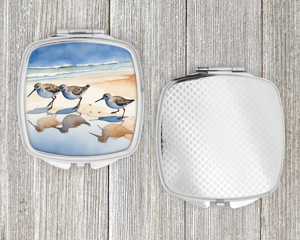 Sandpipers Coastal Reflection Watercolor Compact Mirror Decorative Travel Makeup Mirror for Women Girls Gifts Pocket Makeup Mirror Folding Handheld