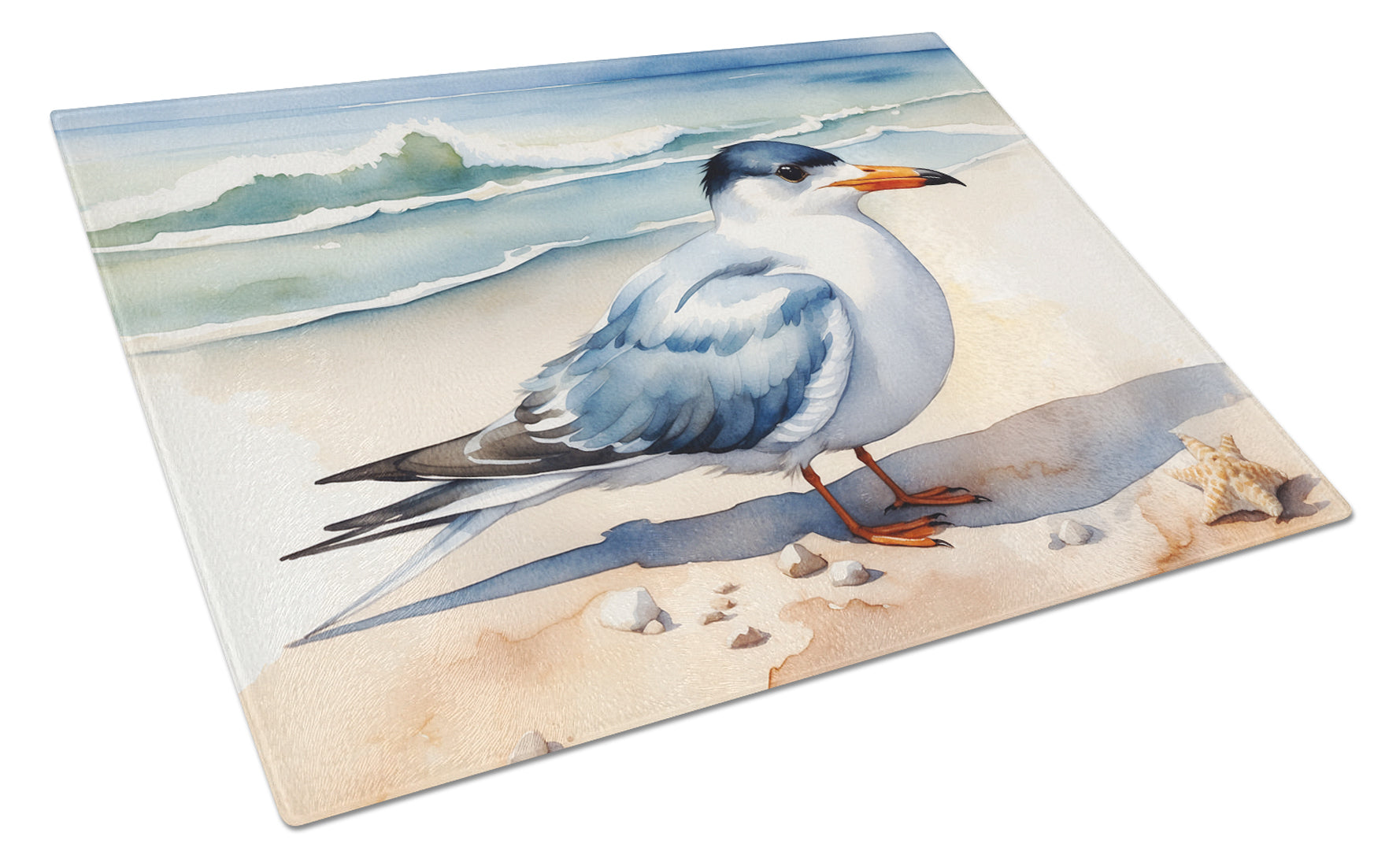 Tern Resting on Beach Shore Watercolor Cutting Board Tempered Glass Kitchen Cutting Surface, Heat Resistant Chopping, Non-Slip Feet, Food Prep & Serving