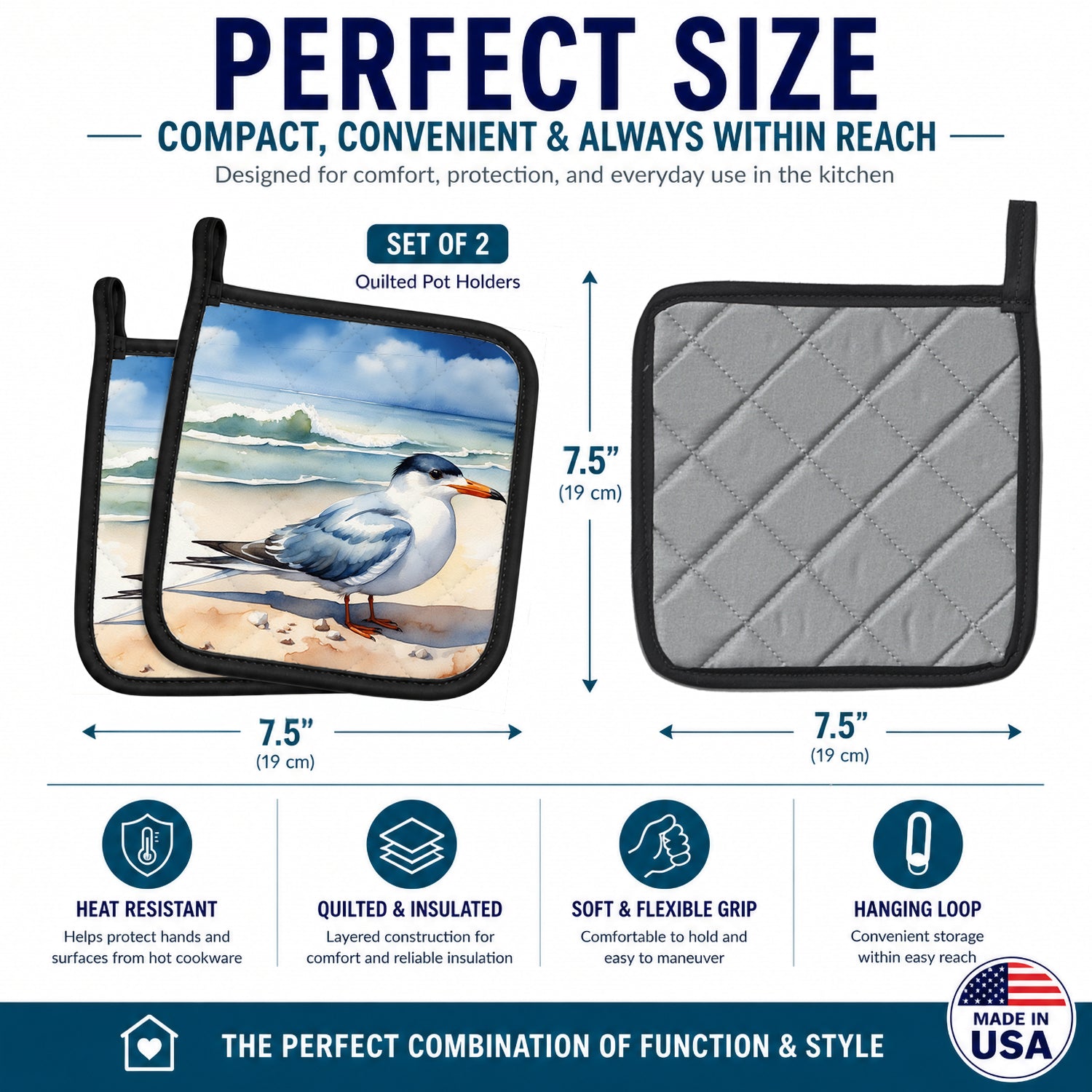 Tern Resting on Beach Shore Watercolor Pot Holder Set of 2 Heat Resistant Quilted Hot Pads 7.5 x 7.5 Inch, Insulated Kitchen Trivets for Cooking & Baking