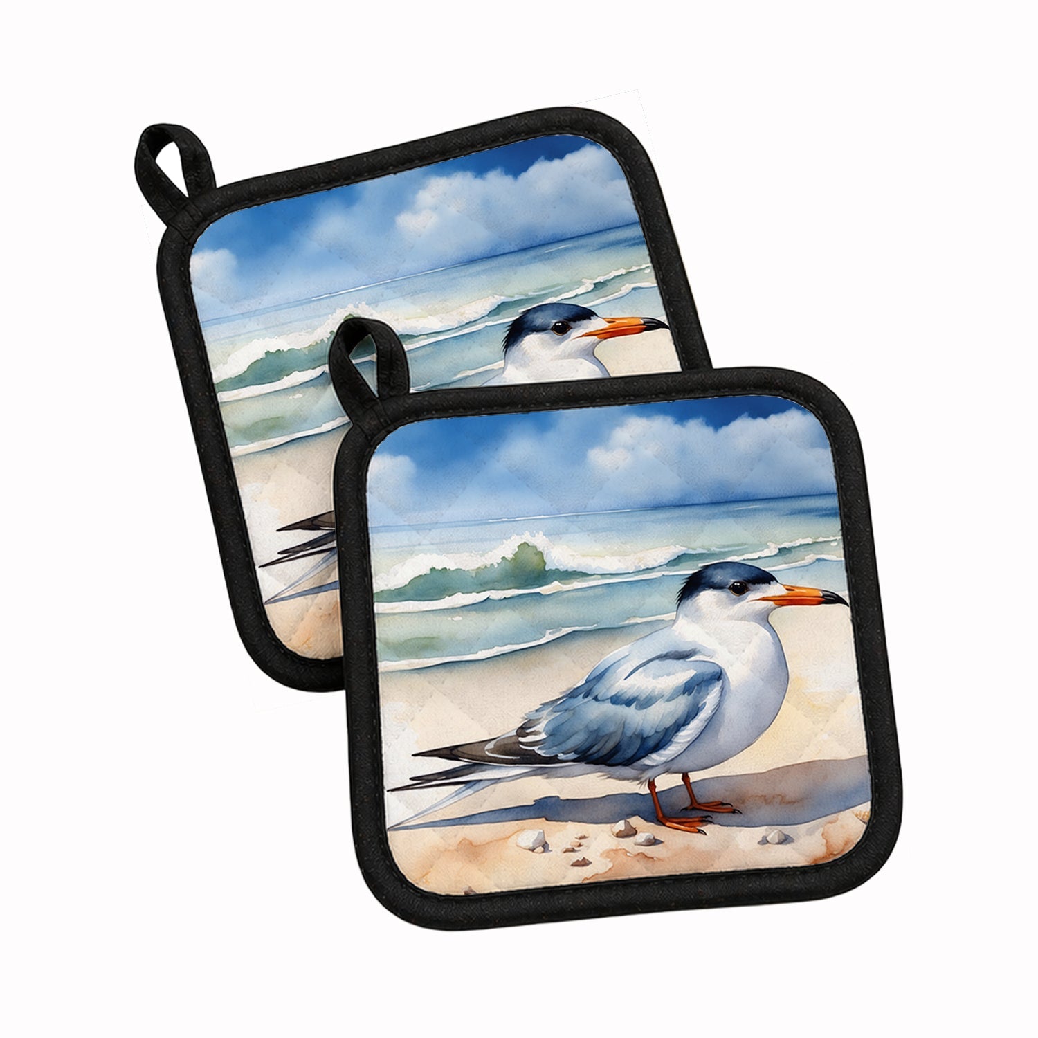 Tern Resting on Beach Shore Watercolor Pot Holder Set of 2 Heat Resistant Quilted Hot Pads 7.5 x 7.5 Inch, Insulated Kitchen Trivets for Cooking & Baking