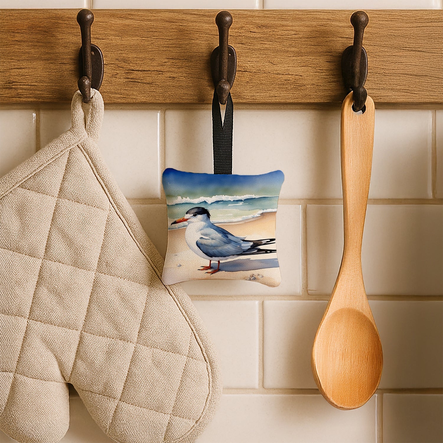 Tern Resting on Sandy Beach Watercolor Hanging Square Fabric Ornament 3.5 × 3.5 Decorative Door-Knob & Tree Hanger, Soft Fabric