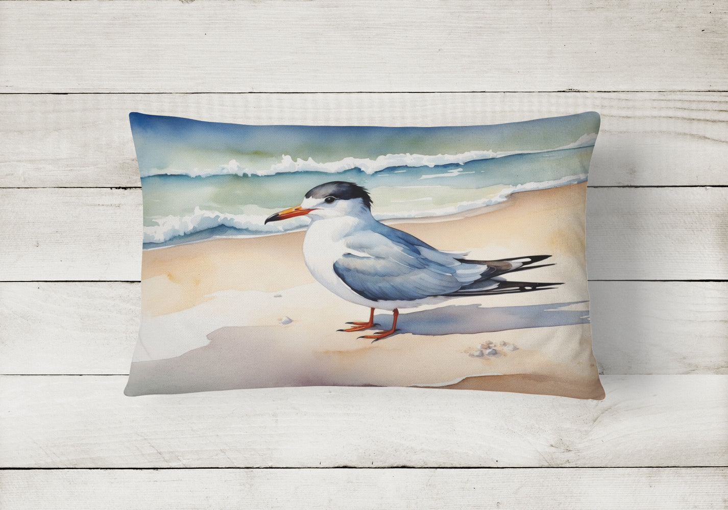 Tern Resting on Sandy Beach Watercolor Decorative Throw Pillow 12x16 Indoor Outdoor Accent Cushion, Fabric Cover with Insert for Sofa, Bed, Porch & Living Room