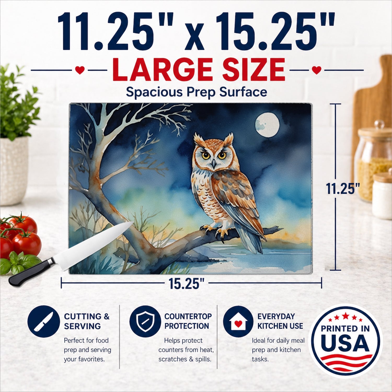 Owl on Tree by Moonlight Coastal Watercolor Cutting Board Tempered Glass Kitchen Cutting Surface, Heat Resistant Chopping, Non-Slip Feet, Food Prep & Serving