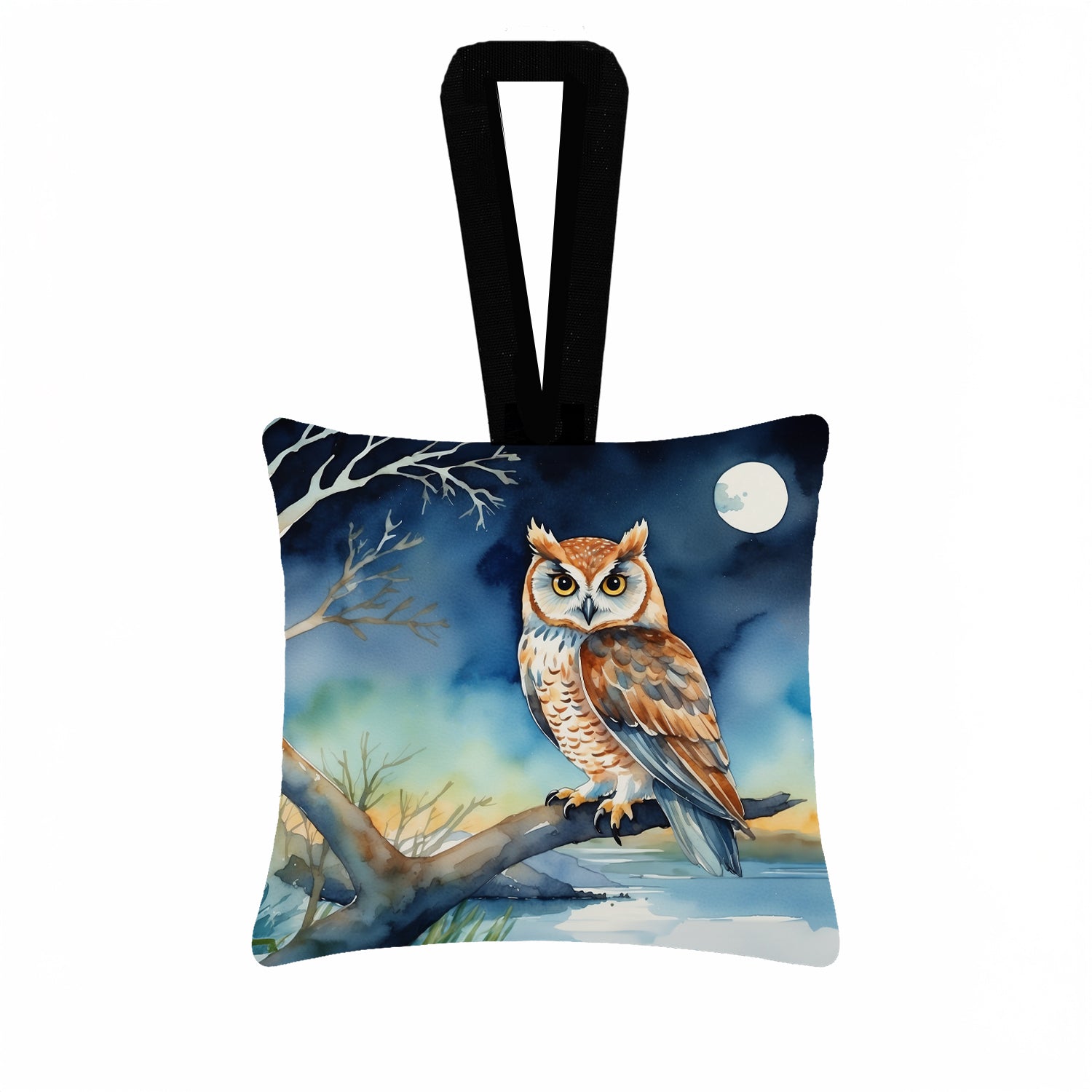 Owl on Tree by Moonlight Coastal Watercolor Hanging Square Fabric Ornament 3.5 × 3.5 Decorative Door-Knob & Tree Hanger, Soft Fabric