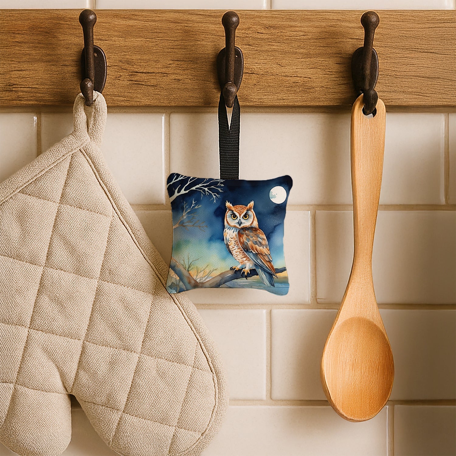 Owl on Tree by Moonlight Coastal Watercolor Hanging Square Fabric Ornament 3.5 × 3.5 Decorative Door-Knob & Tree Hanger, Soft Fabric
