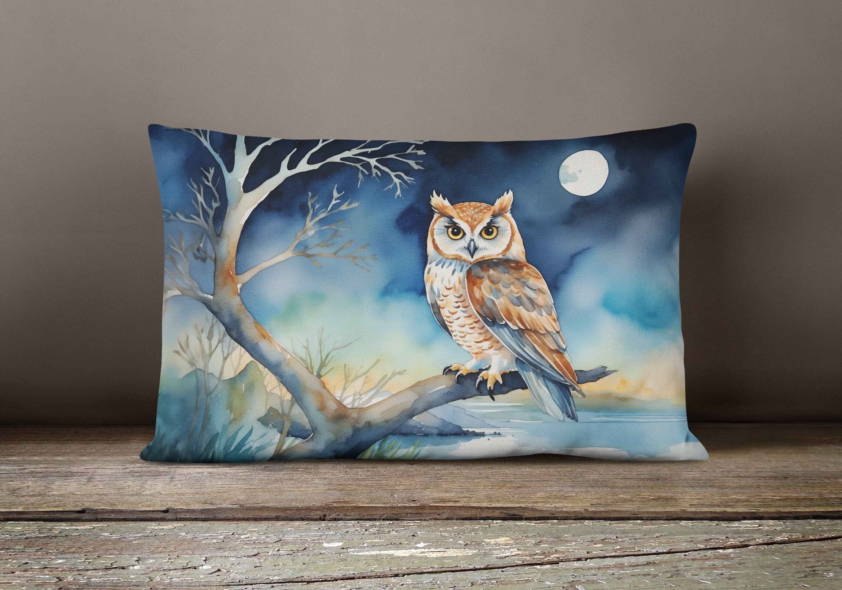 Owl on Tree by Moonlight Coastal Watercolor Decorative Throw Pillow 12x16 Indoor Outdoor Accent Cushion, Fabric Cover with Insert for Sofa, Bed, Porch & Living Room