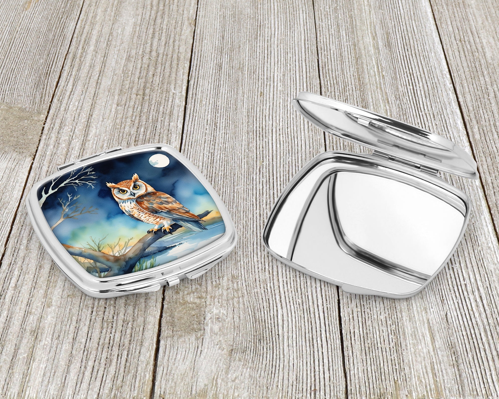 Owl on Tree by Moonlight Coastal Watercolor Compact Mirror Decorative Travel Makeup Mirror for Women Girls Gifts Pocket Makeup Mirror Folding Handheld