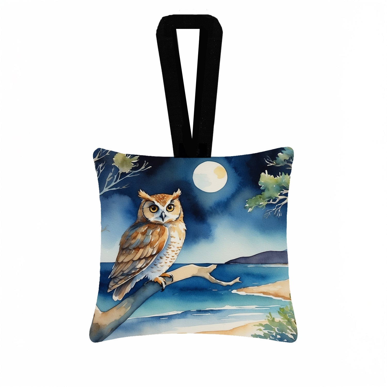 Owl by Moonlit Ocean Watercolor Hanging Square Fabric Ornament 3.5 × 3.5 Decorative Door-Knob & Tree Hanger, Soft Fabric