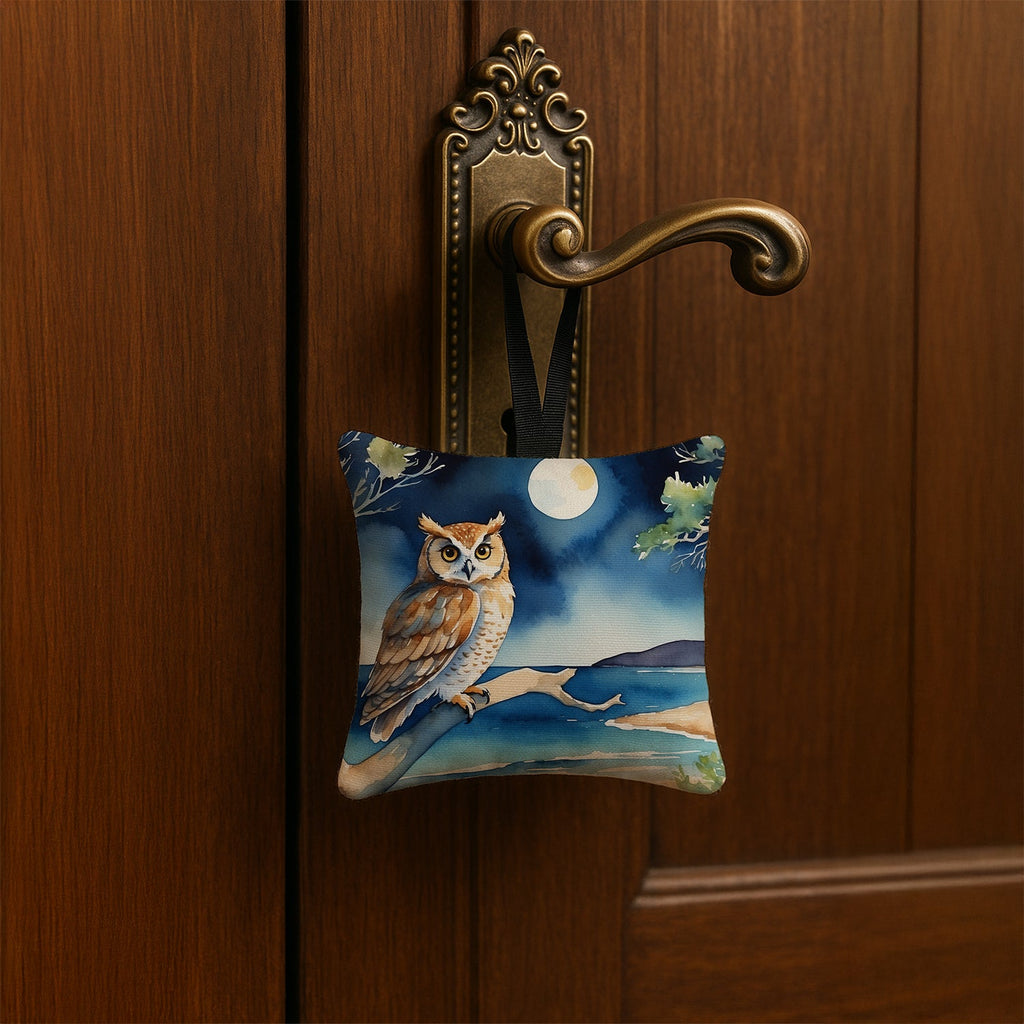 Owl by Moonlit Ocean Watercolor Hanging Square Fabric Ornament 3.5 × 3.5 Decorative Door-Knob & Tree Hanger, Soft Fabric