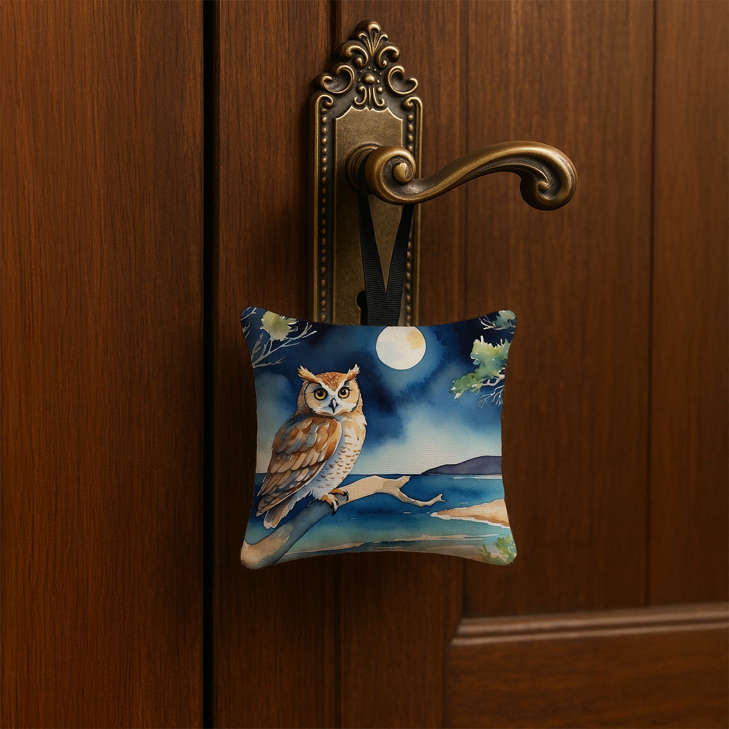 Owl by Moonlit Ocean Watercolor Hanging Square Fabric Ornament 3.5 × 3.5 Decorative Door-Knob & Tree Hanger, Soft Fabric