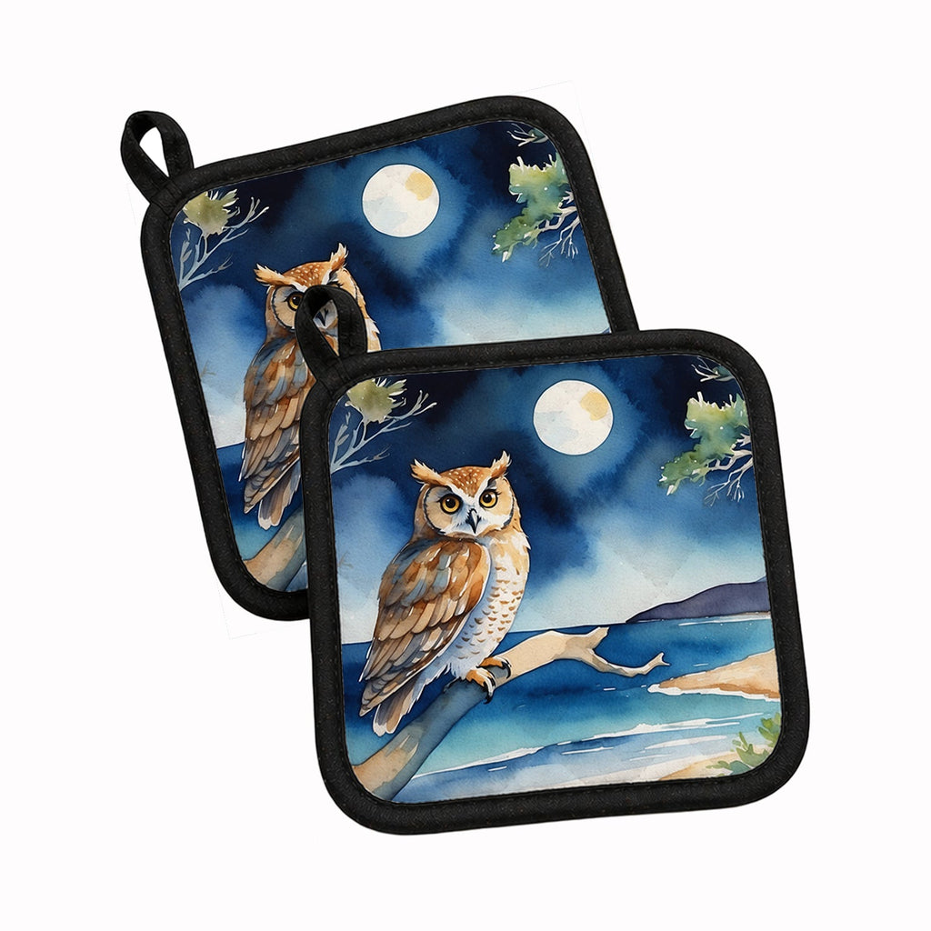 Owl by Moonlit Ocean Watercolor Pot Holder Set of 2 Heat Resistant Quilted Hot Pads 7.5 x 7.5 Inch, Insulated Kitchen Trivets for Cooking & Baking