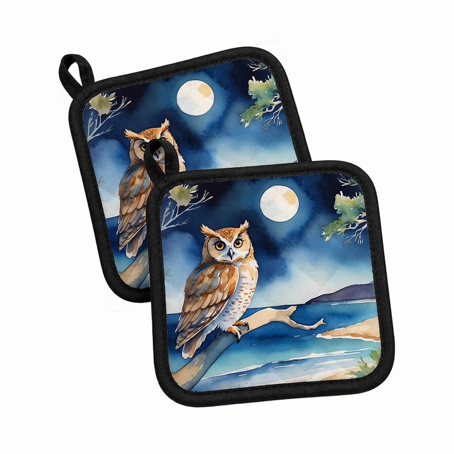 Owl by Moonlit Ocean Watercolor Pot Holder Set of 2 Heat Resistant Quilted Hot Pads 7.5 x 7.5 Inch, Insulated Kitchen Trivets for Cooking & Baking