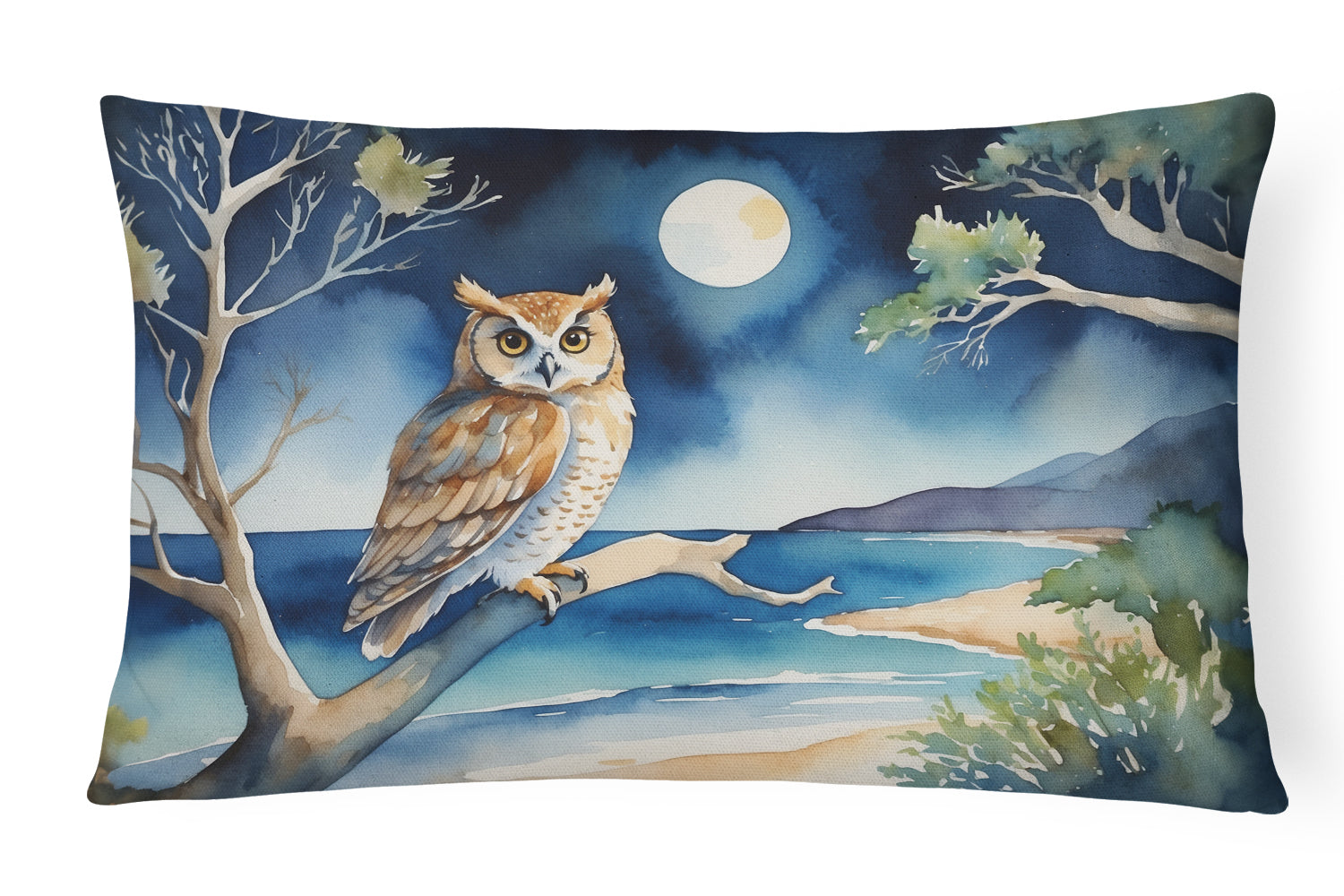 Owl by Moonlit Ocean Watercolor Decorative Throw Pillow 12x16 Indoor Outdoor Accent Cushion, Fabric Cover with Insert for Sofa, Bed, Porch & Living Room