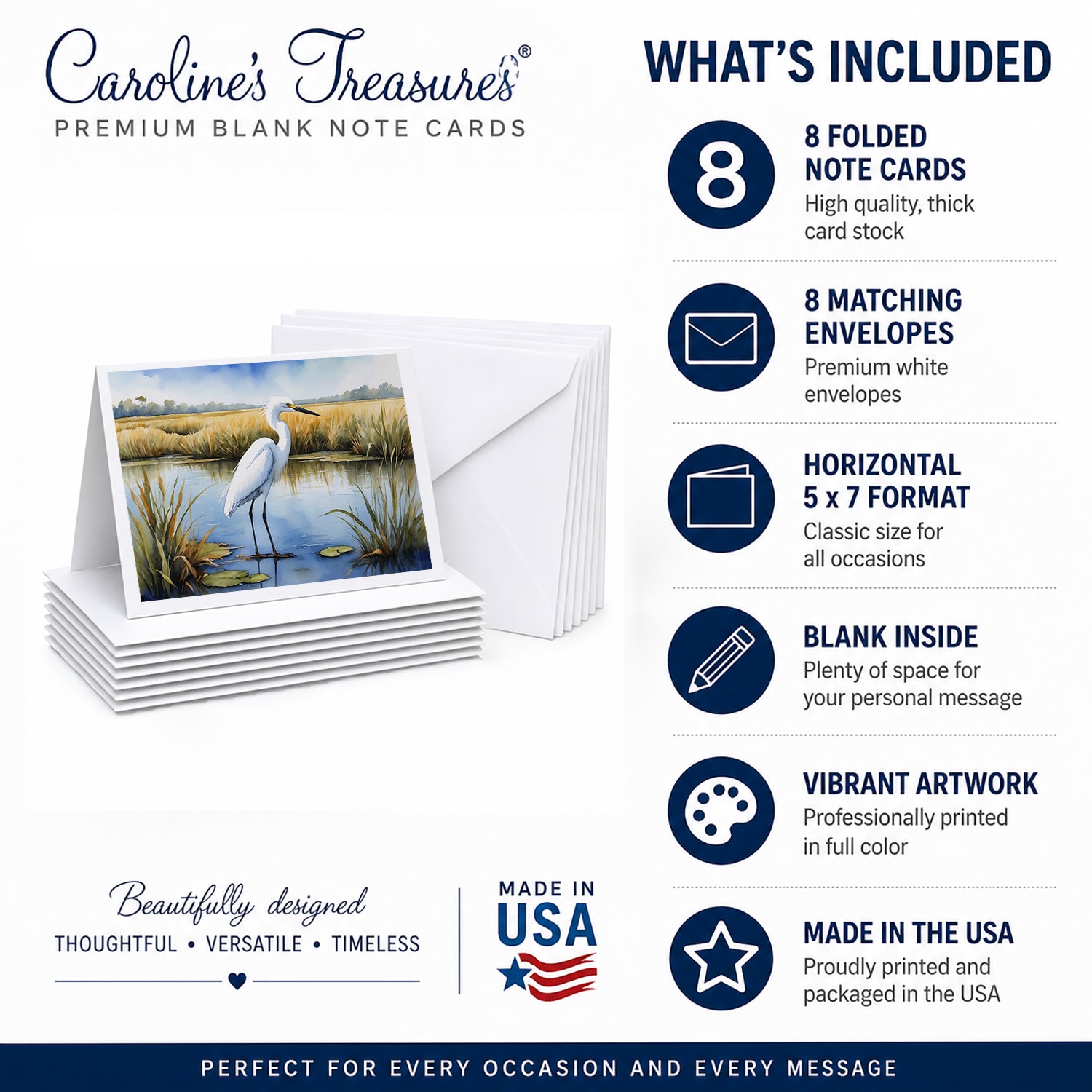 Snowy Great Egret in Marsh Wetland Watercolor Greeting Cards Pack of 8 Blank Cards with Envelopes Whimsical A7 Size 5x7