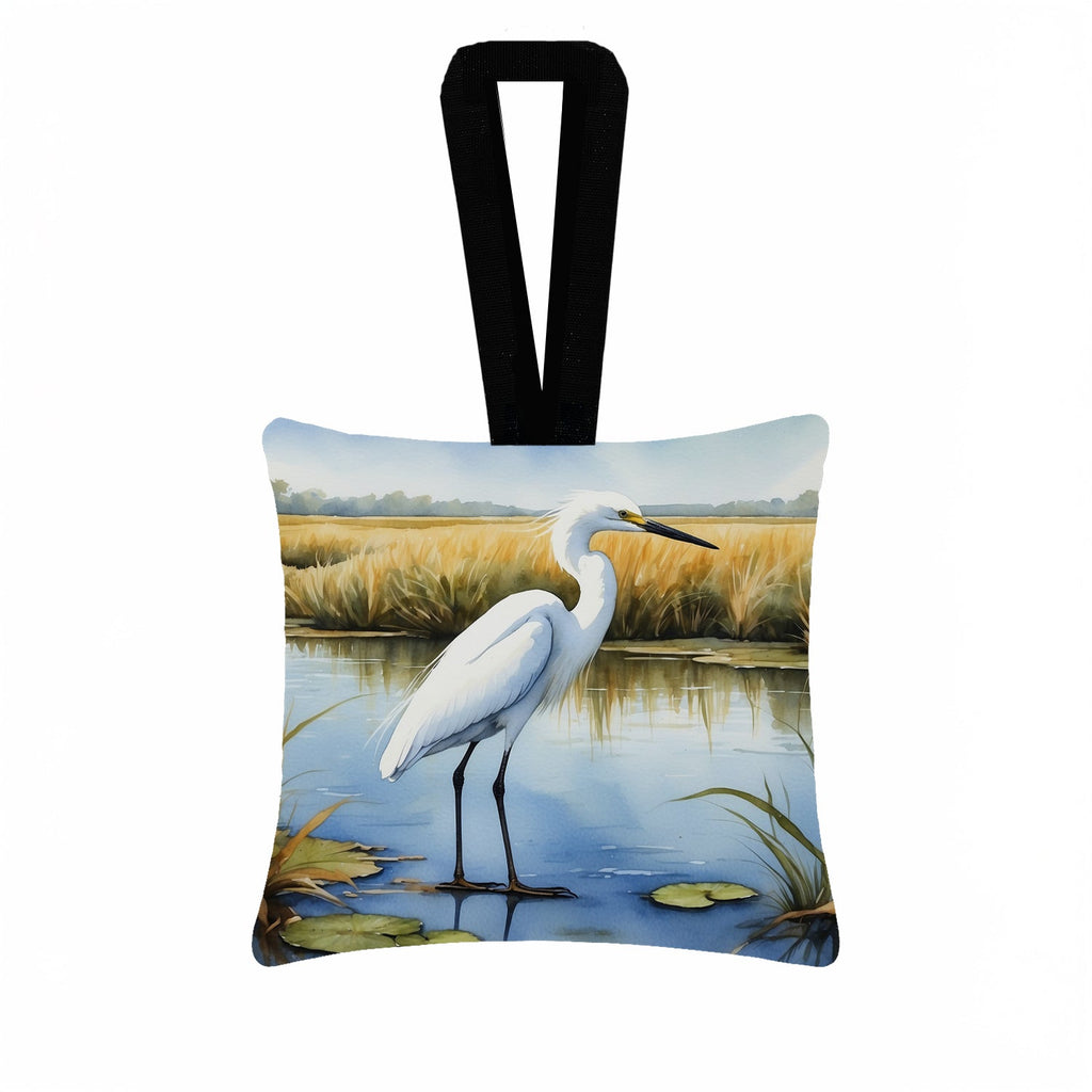 Snowy Great Egret in Marsh Wetland Watercolor Hanging Square Fabric Ornament 3.5 × 3.5 Decorative Door-Knob & Tree Hanger, Soft Fabric
