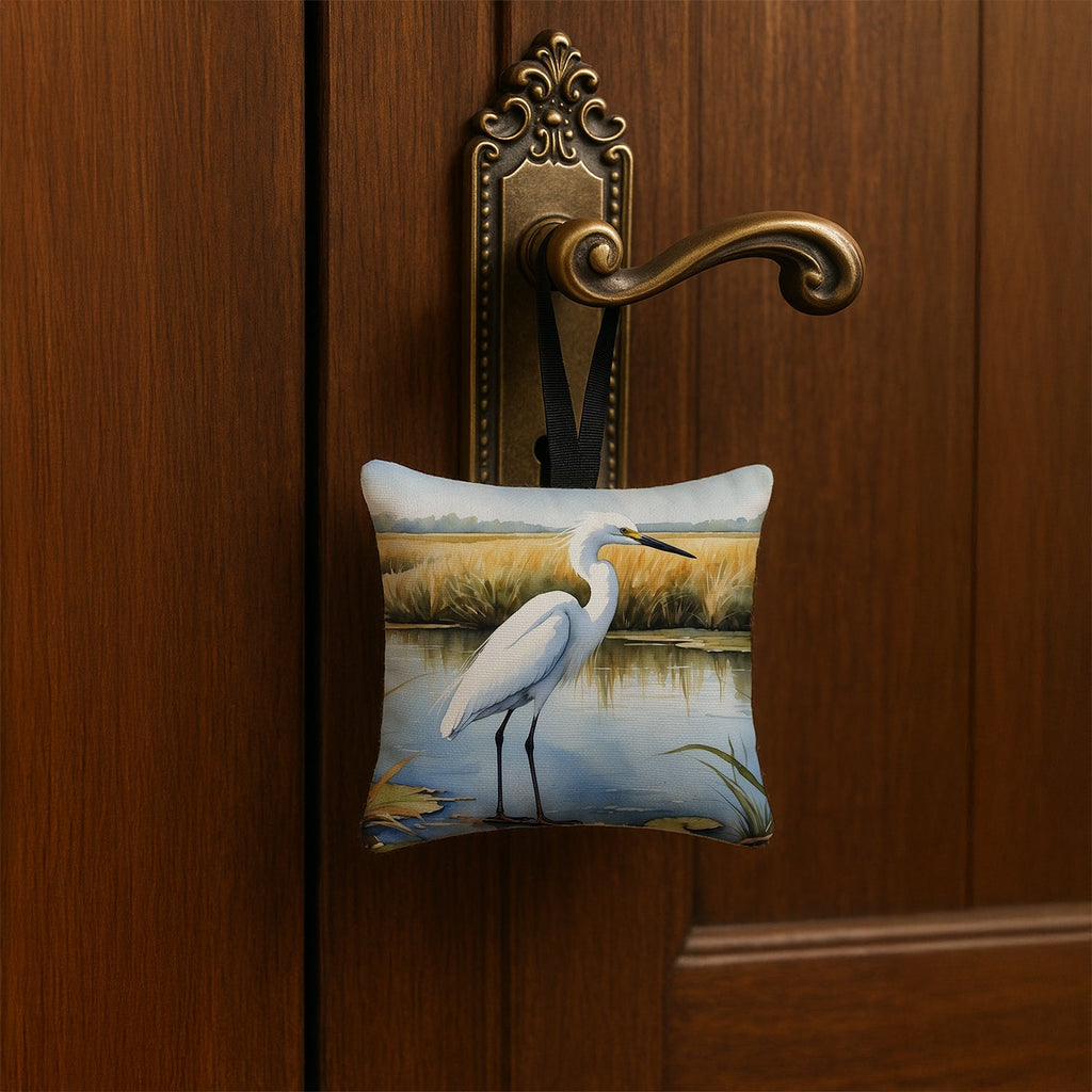 Snowy Great Egret in Marsh Wetland Watercolor Hanging Square Fabric Ornament 3.5 × 3.5 Decorative Door-Knob & Tree Hanger, Soft Fabric