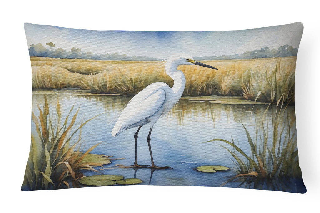 Snowy Great Egret in Marsh Wetland Watercolor Decorative Throw Pillow 12x16 Indoor Outdoor Accent Cushion, Fabric Cover with Insert for Sofa, Bed, Porch & Living Room