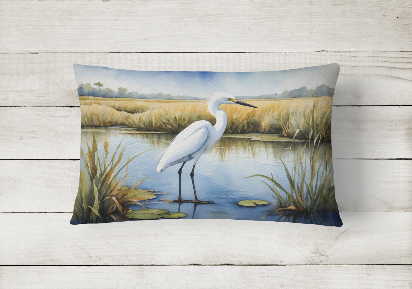 Snowy Great Egret in Marsh Wetland Watercolor Decorative Throw Pillow 12x16 Indoor Outdoor Accent Cushion, Fabric Cover with Insert for Sofa, Bed, Porch & Living Room