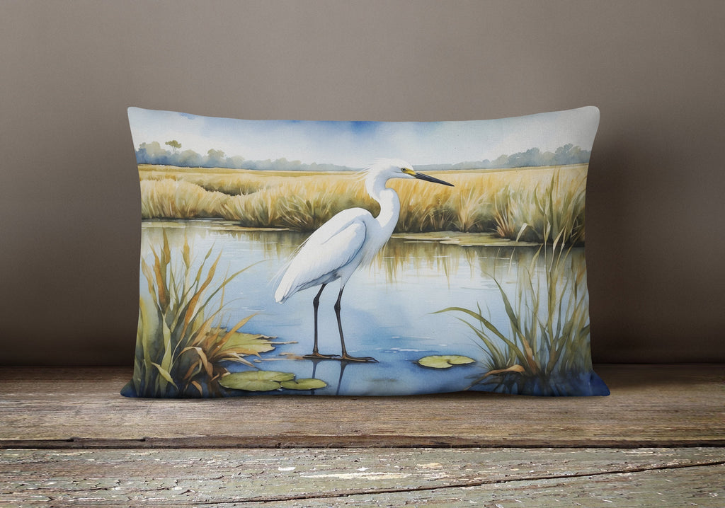 Snowy Great Egret in Marsh Wetland Watercolor Decorative Throw Pillow 12x16 Indoor Outdoor Accent Cushion, Fabric Cover with Insert for Sofa, Bed, Porch & Living Room