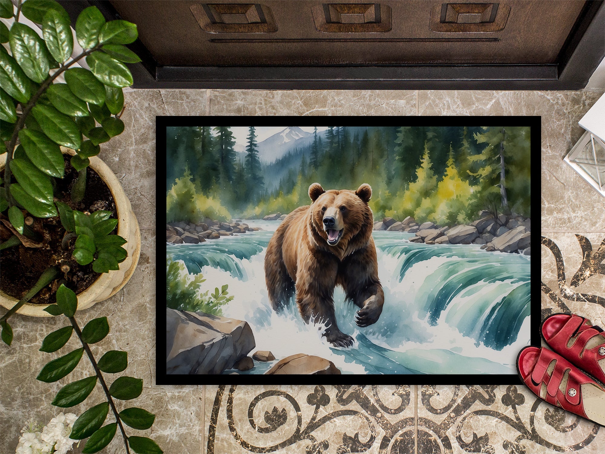Alaskan Wilderness Grizzly Bear Doormat Indoor Outdoor 24H X 36W Front Door Mat Rugs for Entryway, Non Slip Washable Low Pile,