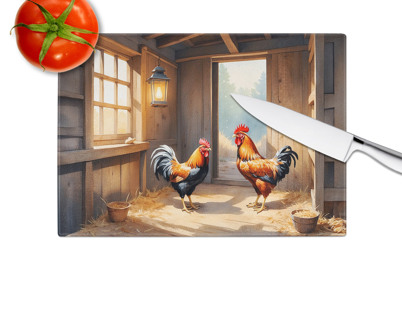 Chickens in the Coop Cutting Board Tempered Glass Kitchen Cutting Surface, Heat Resistant Chopping, Non-Slip Feet, Food Prep & Serving