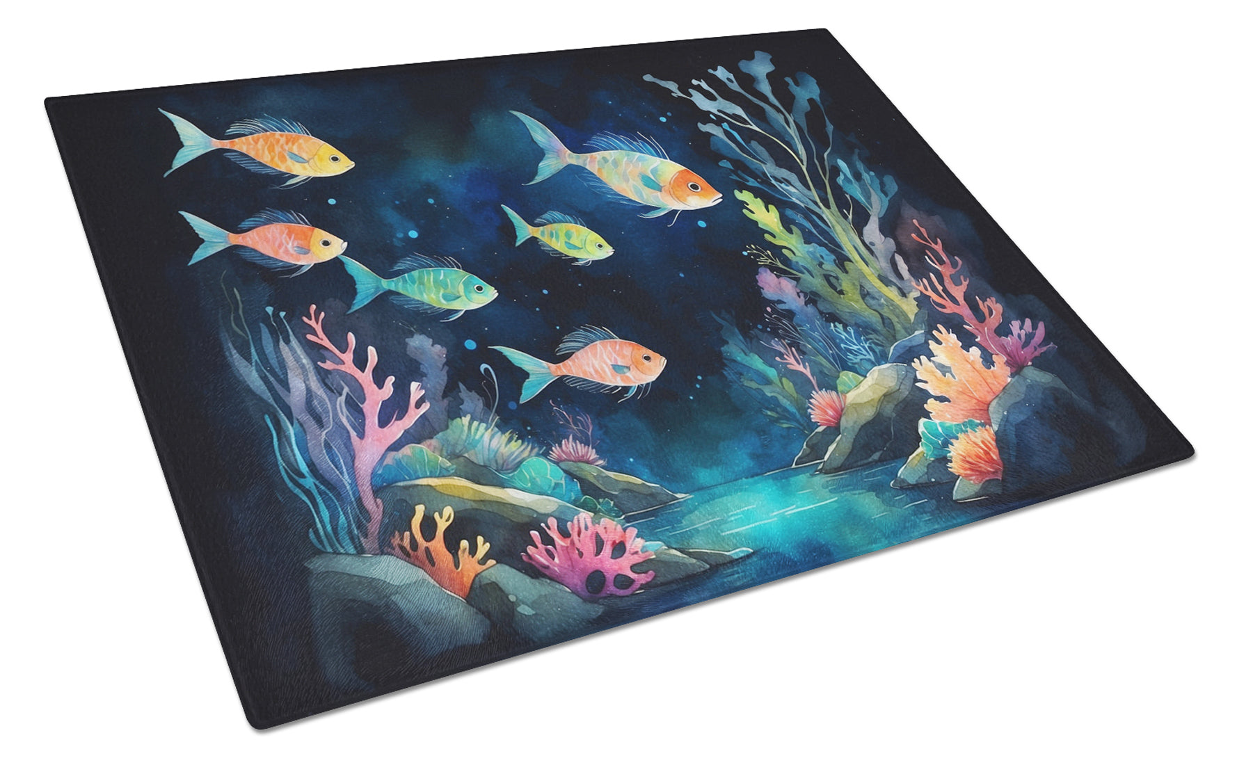 Bioluminescent Fish Cutting Board Tempered Glass Kitchen Cutting Surface, Heat Resistant Chopping, Non-Slip Feet, Food Prep & Serving