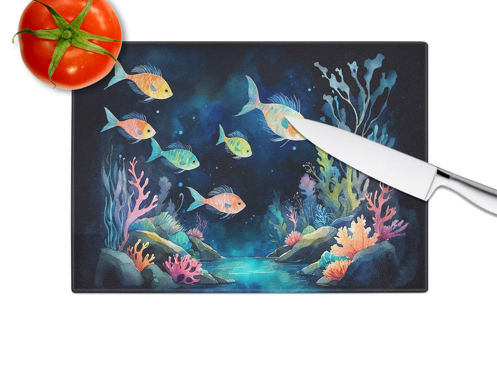 Bioluminescent Fish Cutting Board Tempered Glass Kitchen Cutting Surface, Heat Resistant Chopping, Non-Slip Feet, Food Prep & Serving