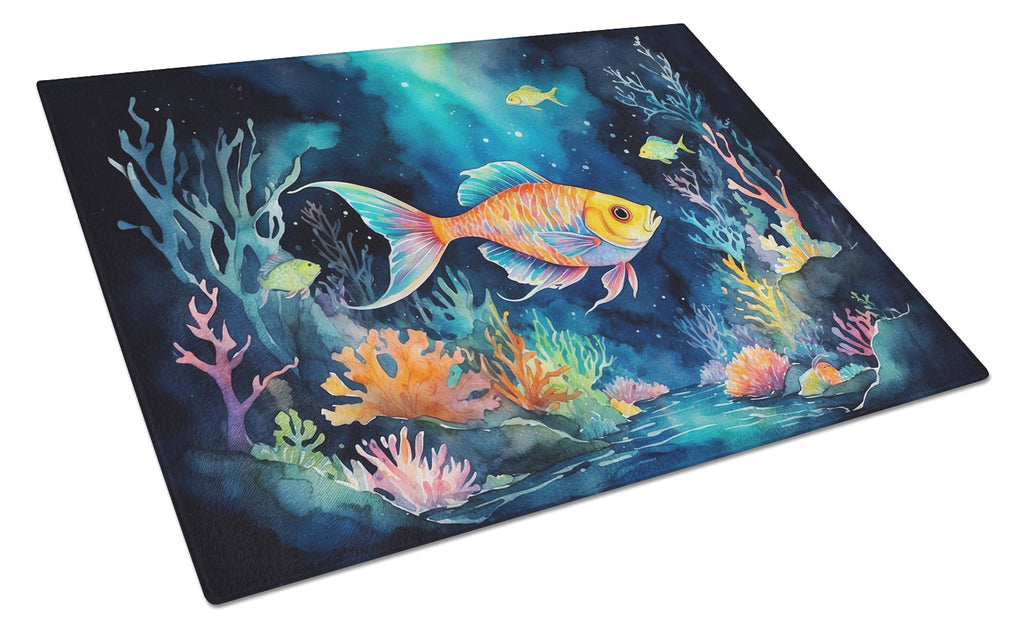 Bioluminescent Fish Cutting Board Tempered Glass Kitchen Cutting Surface, Heat Resistant Chopping, Non-Slip Feet, Food Prep & Serving