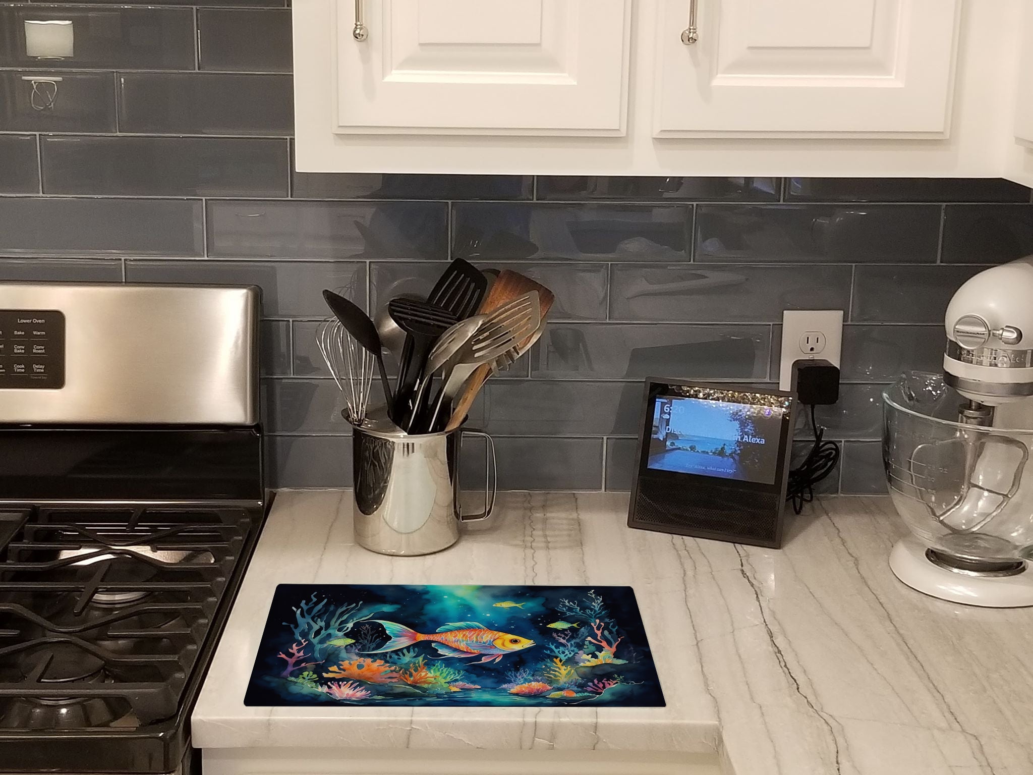 Bioluminescent Fish Cutting Board Tempered Glass Kitchen Cutting Surface, Heat Resistant Chopping, Non-Slip Feet, Food Prep & Serving