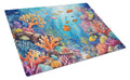 Coral and Fish Cutting Board Tempered Glass Kitchen Cutting Surface, Heat Resistant Chopping, Non-Slip Feet, Food Prep & Serving