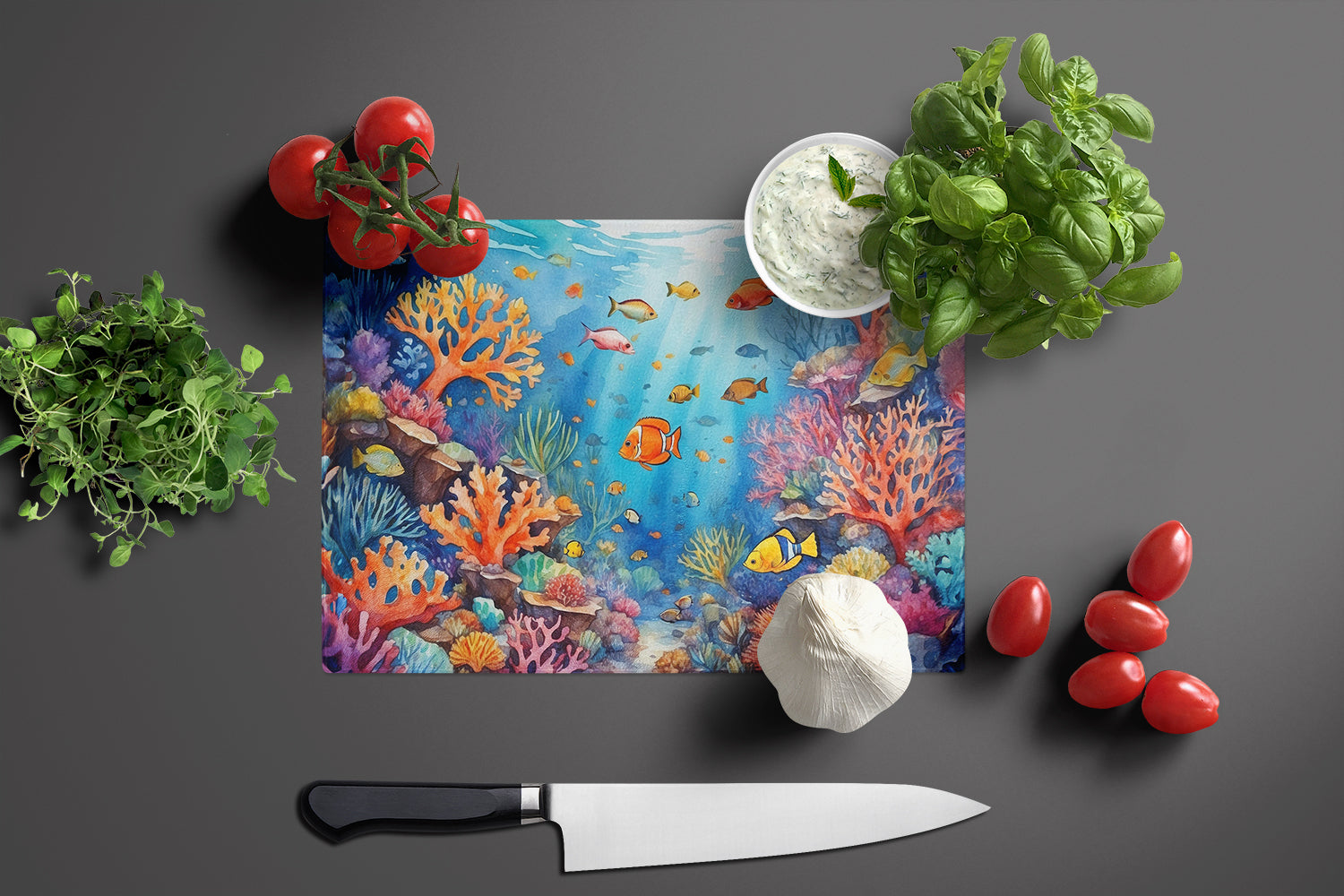 Coral and Fish Cutting Board Tempered Glass Kitchen Cutting Surface, Heat Resistant Chopping, Non-Slip Feet, Food Prep & Serving
