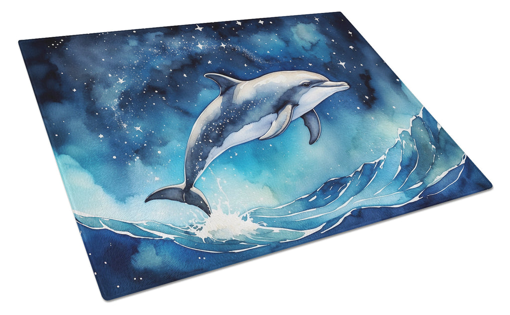 Dolphin in a Starry Sea Cutting Board Tempered Glass Kitchen Cutting Surface, Heat Resistant Chopping, Non-Slip Feet, Food Prep & Serving