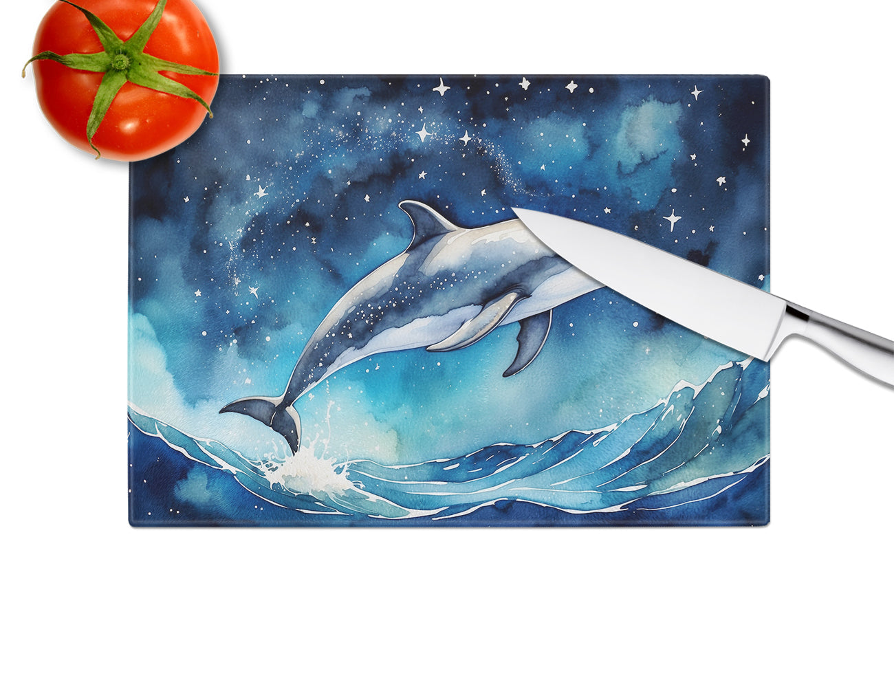 Dolphin in a Starry Sea Cutting Board Tempered Glass Kitchen Cutting Surface, Heat Resistant Chopping, Non-Slip Feet, Food Prep & Serving