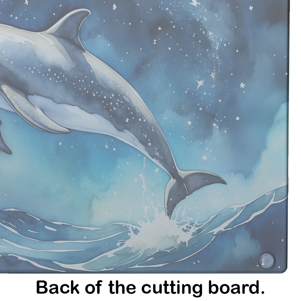 Dolphin in a Starry Sea Cutting Board Tempered Glass Kitchen Cutting Surface, Heat Resistant Chopping, Non-Slip Feet, Food Prep & Serving