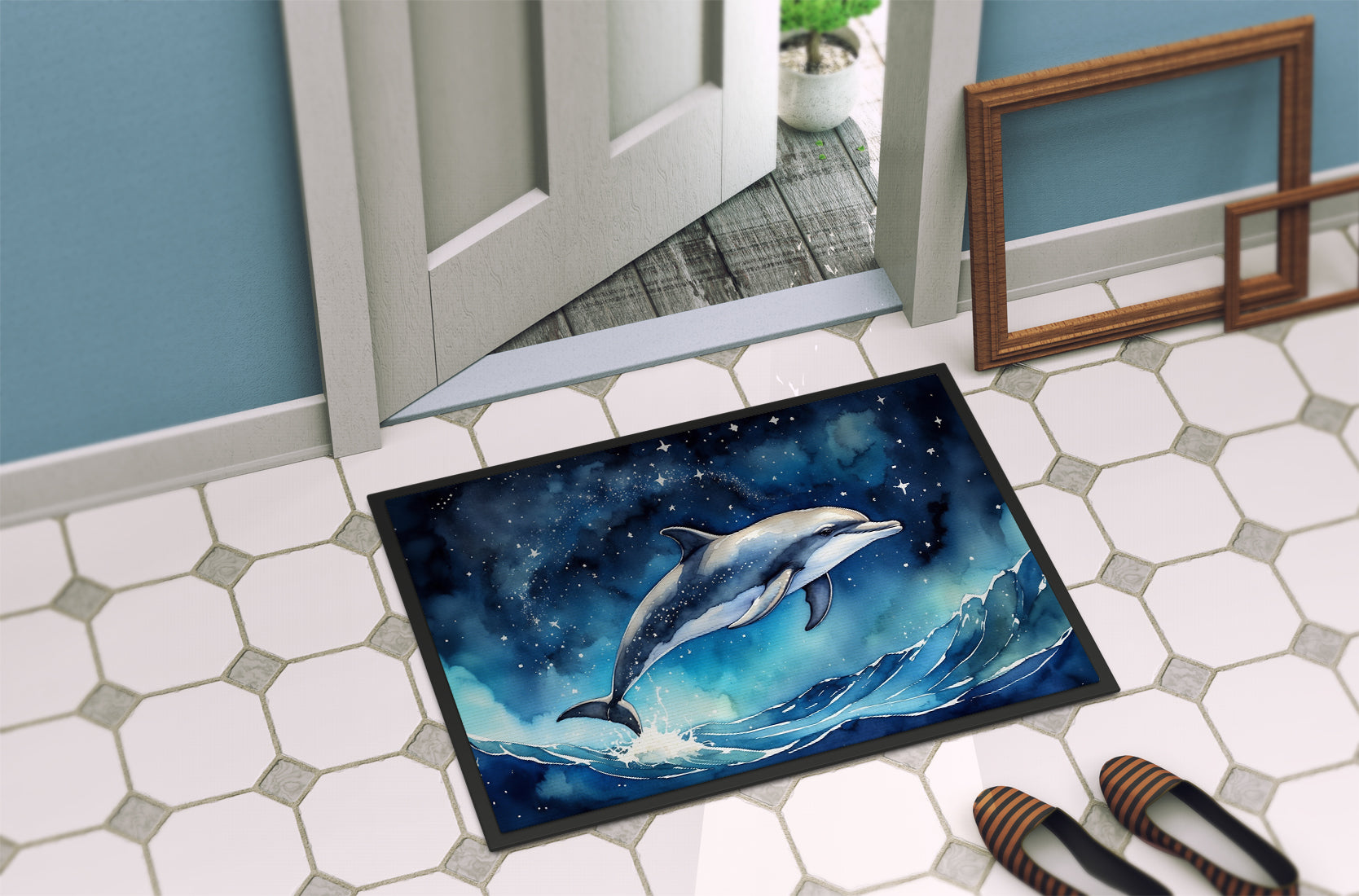 Dolphin in a Starry Sea Doormat Indoor Outdoor 18H X 27W Front Door Mat Rugs for Entryway, Non Slip Washable