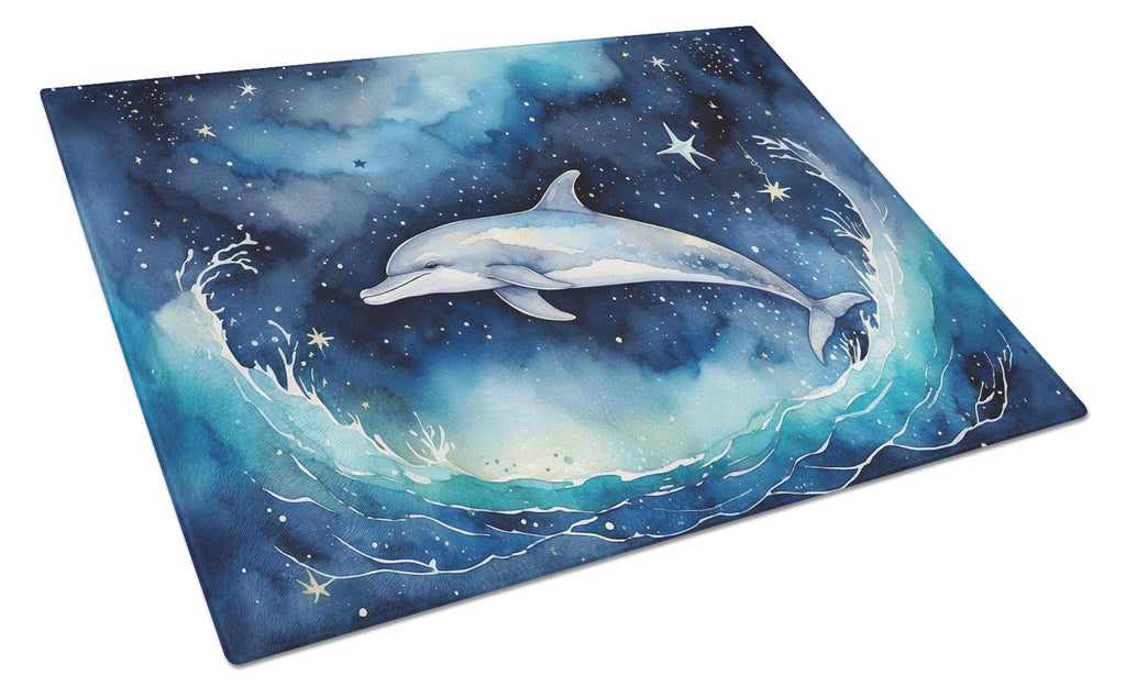 Dolphin in a Starry Sea Cutting Board Tempered Glass Kitchen Cutting Surface, Heat Resistant Chopping, Non-Slip Feet, Food Prep & Serving