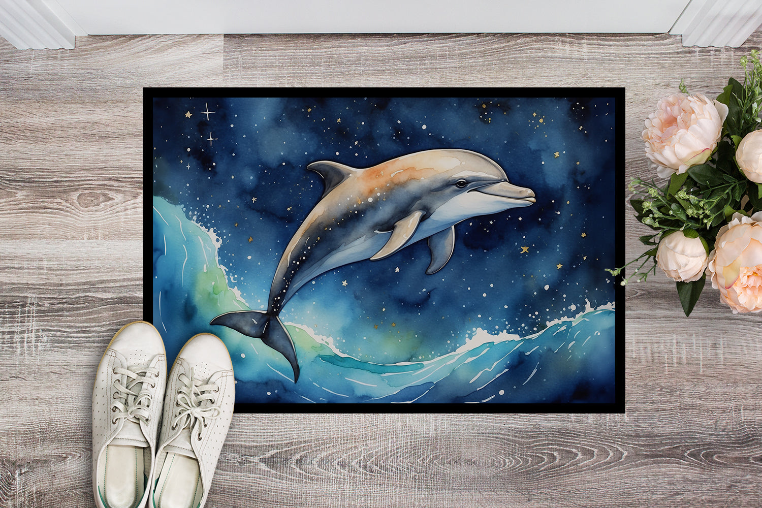 Dolphin in a Starry Sea Doormat Indoor Outdoor 24H X 36W Front Door Mat Rugs for Entryway, Non Slip Washable Low Pile,
